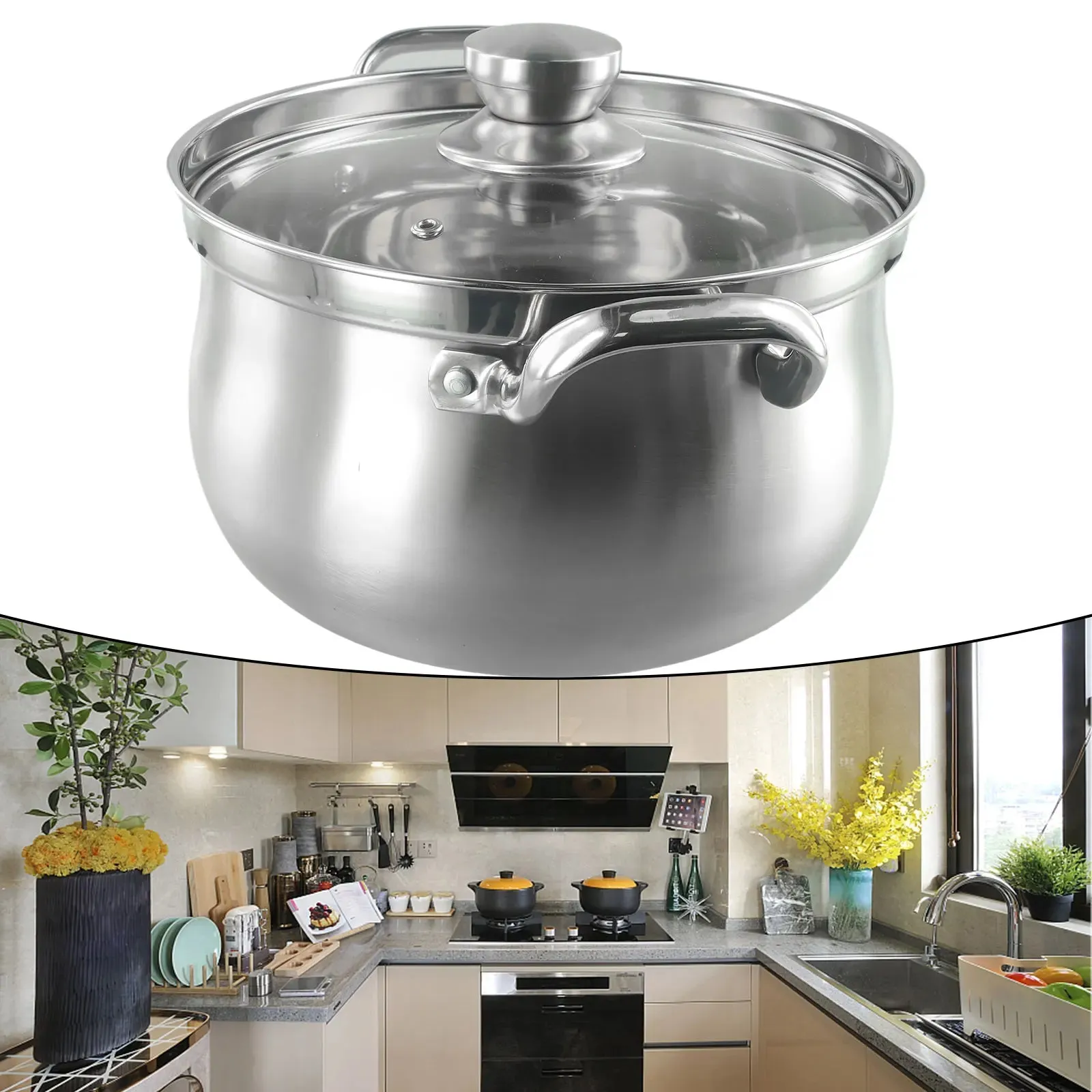 Soup pot with induction base and stainless glass lid