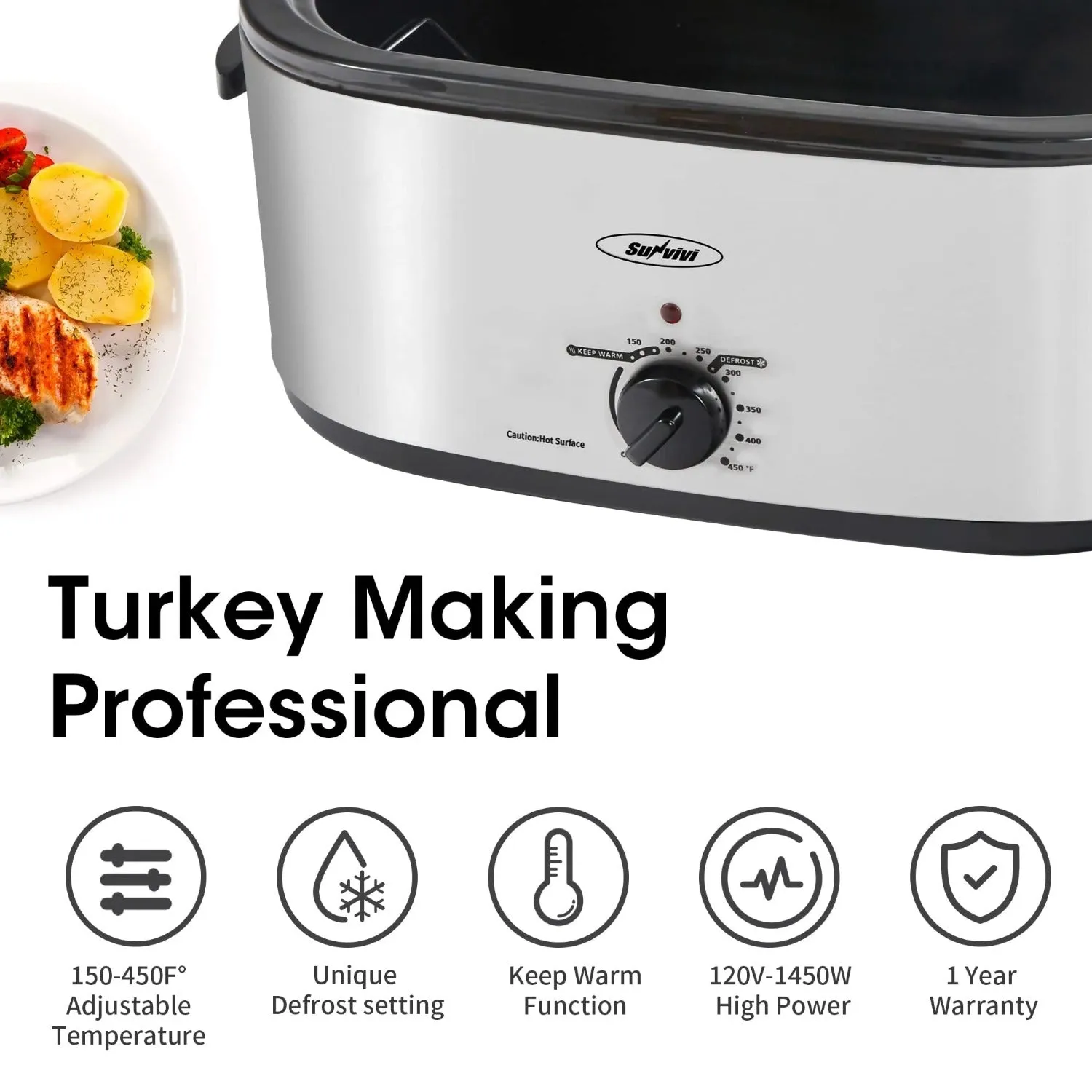 Sunvivi 20 Quart Electric Roaster with Removable Pan, Electric Turkey Roaster Oven with Self-Basting Lid, Roasting Oven with Cool-Touch Handles, Silver