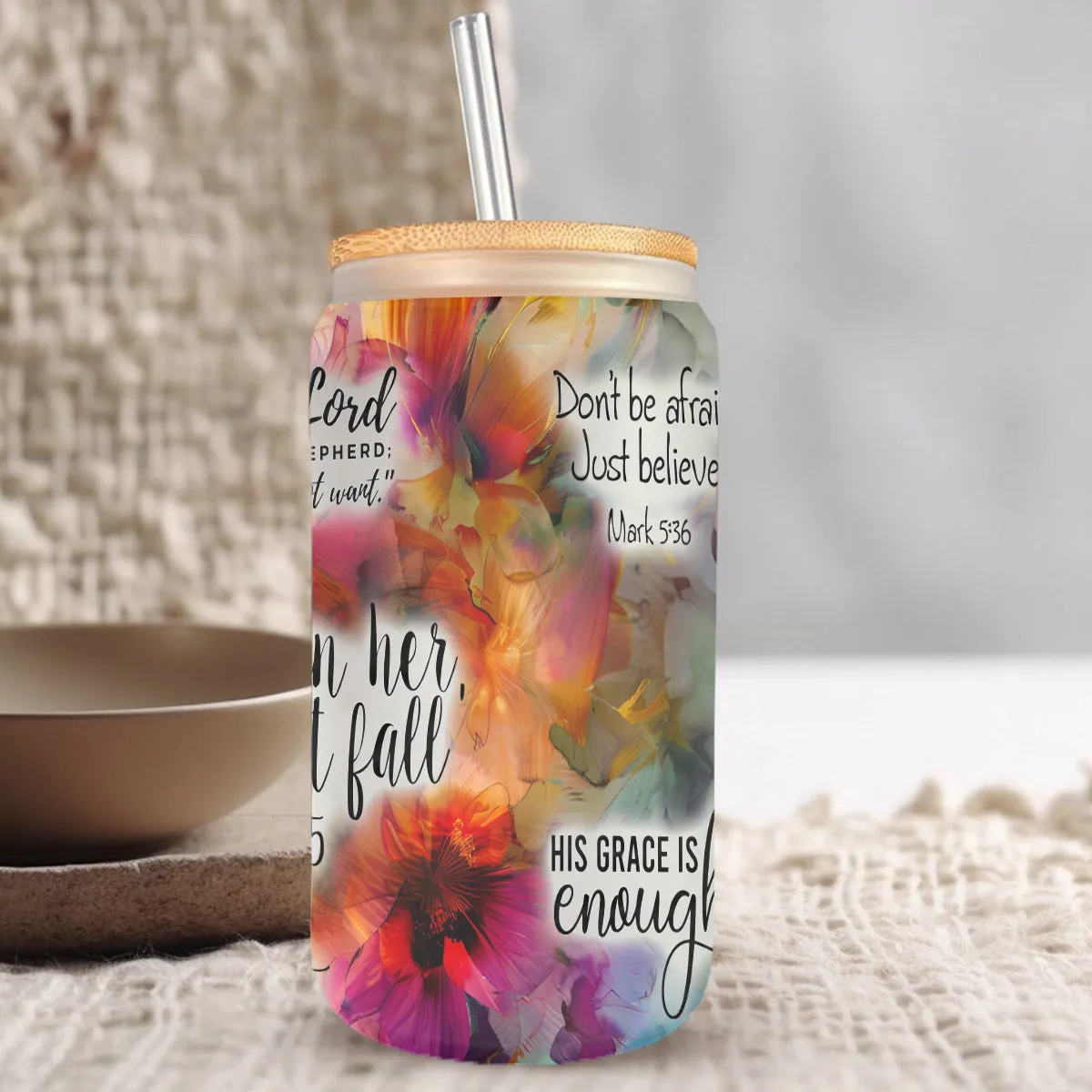 Teesdily | Jesus Christ Floral Tumbler Glass, God Is Within Her She Will Not Fall Cup, God Bible Verse Quotes Frosted Can, Christian Gifts For Women Faith