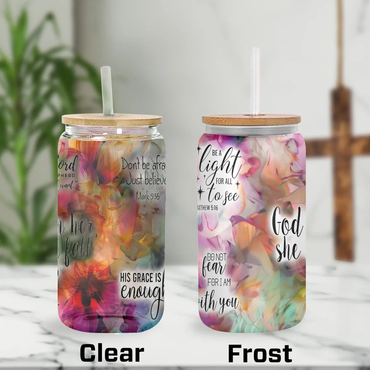 Teesdily | Jesus Christ Floral Tumbler Glass, God Is Within Her She Will Not Fall Cup, God Bible Verse Quotes Frosted Can, Christian Gifts For Women Faith