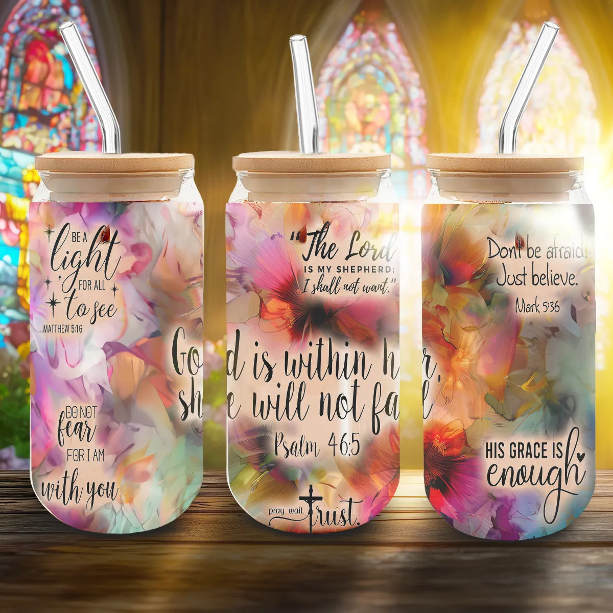 Teesdily | Jesus Christ Floral Tumbler Glass, God Is Within Her She Will Not Fall Cup, God Bible Verse Quotes Frosted Can, Christian Gifts For Women Faith