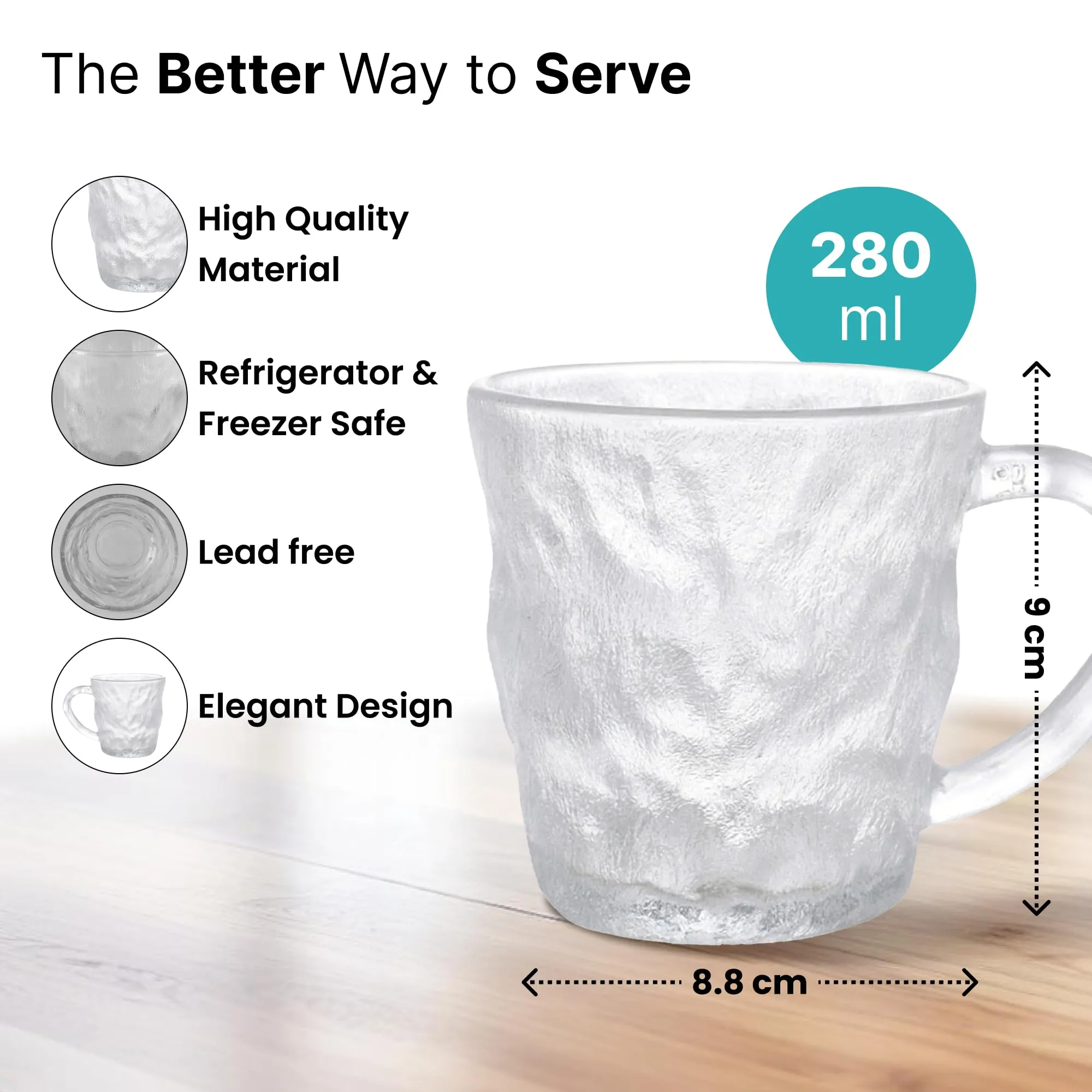 The Better Home Zest Glass Tea Cup (Set of 4-280ml Each) Lead Free Coffee Cup |Scratch-Resistance Microwave Safe Tea Cup Set |House Warming Gifts for New Home |Return Gifts for Women