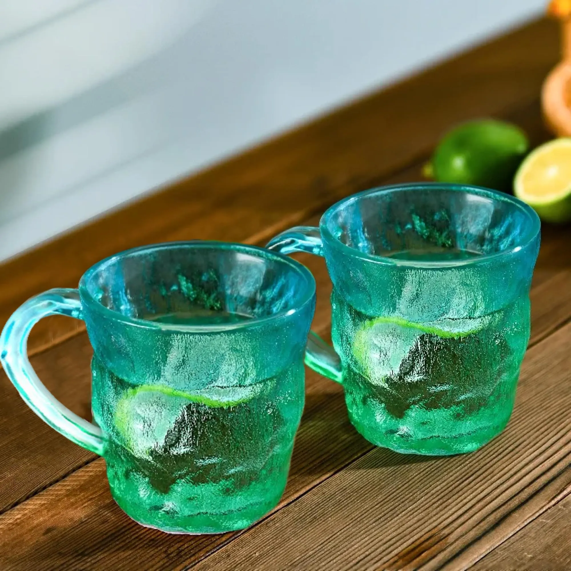 The Better Home Zest Glass Tea Cups (2Pcs-280ml) Lead Free Coffee Cup Set | Scratch-Resistance Microwave Safe Coffee Mug Set Anniversary Gift for Couple Special |House Warming Gifts for New Home-Blue