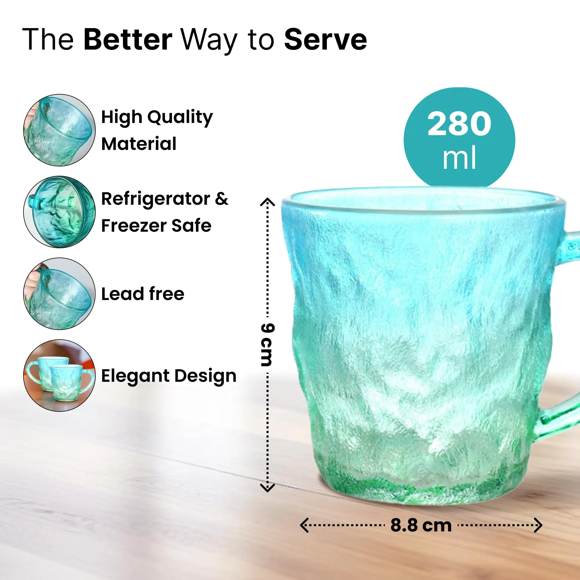 The Better Home Zest Glass Tea Cups (2Pcs-280ml) Lead Free Coffee Cup Set | Scratch-Resistance Microwave Safe Coffee Mug Set Anniversary Gift for Couple Special |House Warming Gifts for New Home-Blue