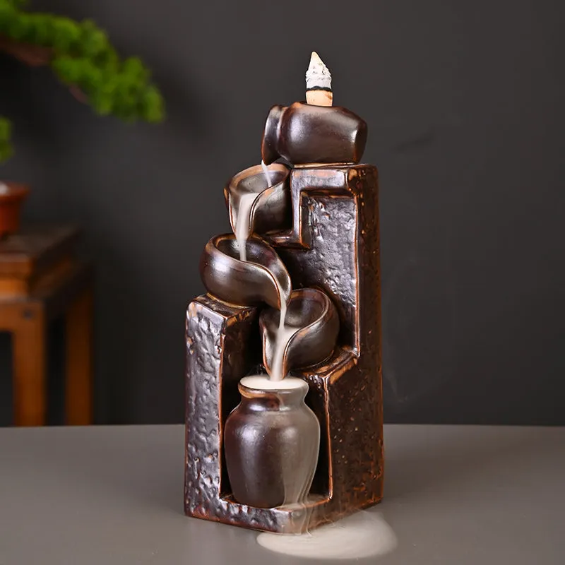 Unique Cascading Basins Ceramic Waterfall Incense Holder, Paired with a Pack of Backflow Incense Cones.