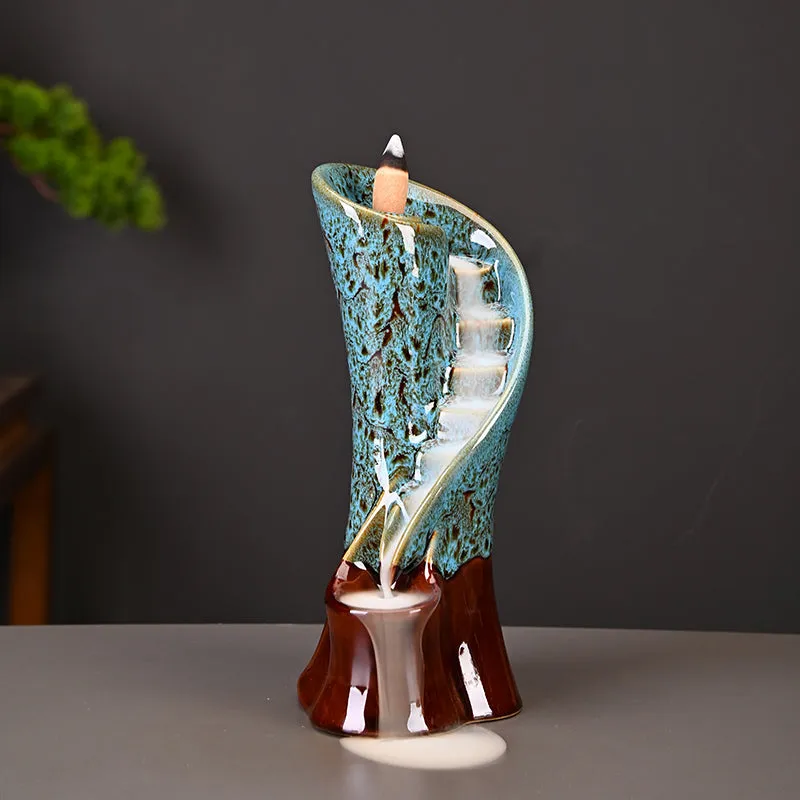 Unique Cloud Stairs Ceramic Waterfall Incense Holder, Paired with a Pack of Backflow Incense Cones.